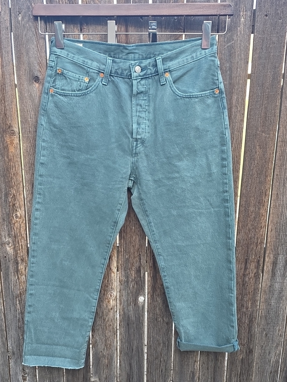 Levi's Premium Women's Teal Green 501 Jeans Size 32x26 Raw Hem 100% Cotton